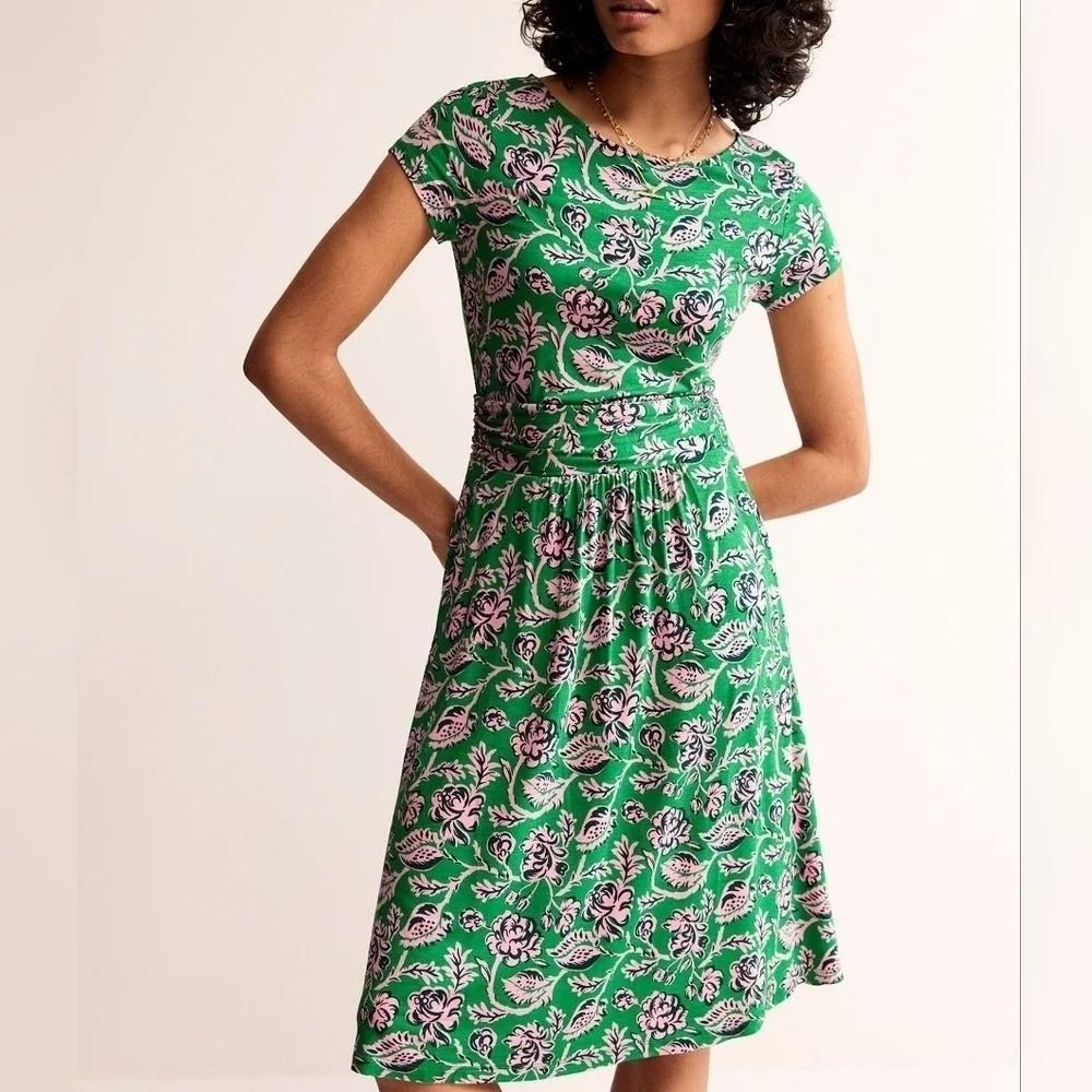 Boden Amelie Printed Dress 10 Green Floral Ruched Midi Cottagecore Sustainable